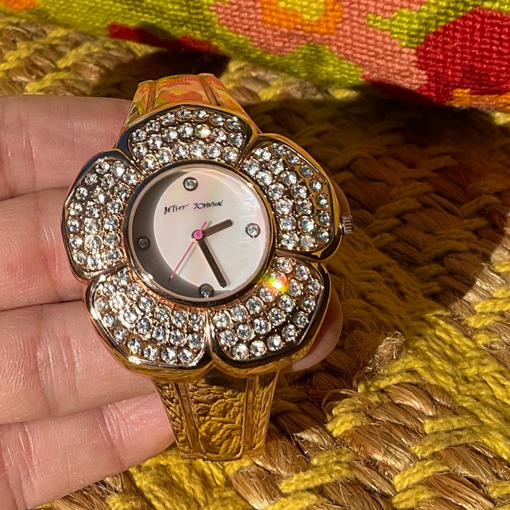 Betsey Johnson Rose Gold Floral Crystal Bangle Watch with Pink Accent Hand